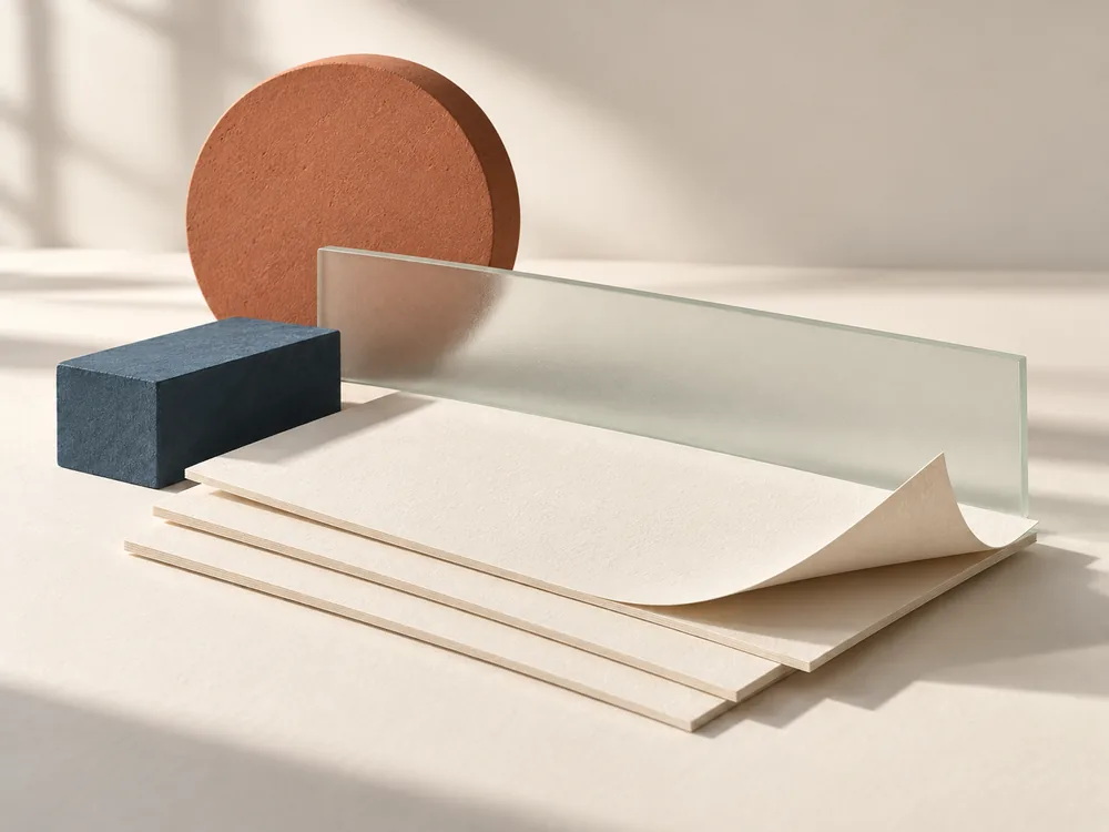 Composición ordenada de papel crema, vidrio y formas terracota